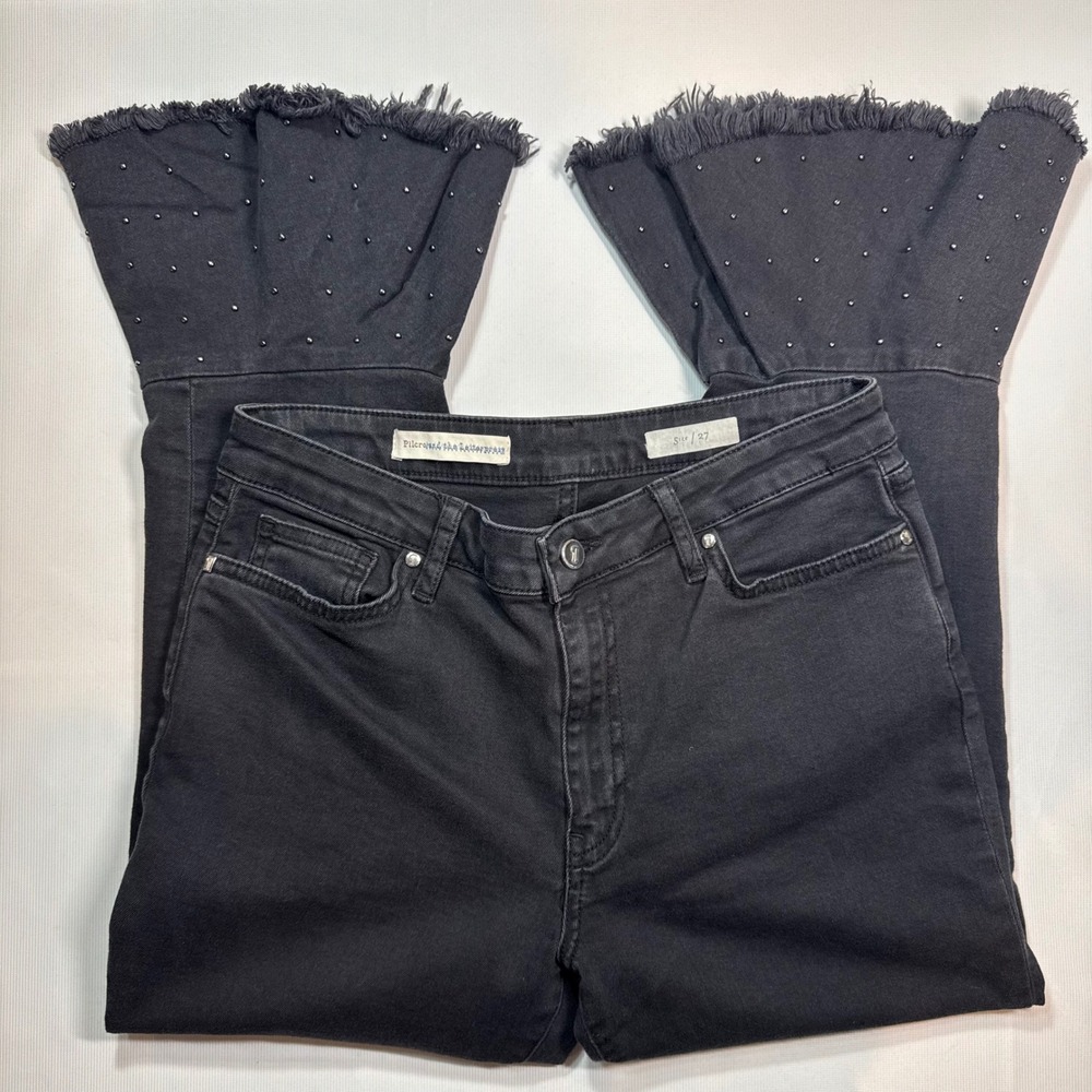 Pilcro and the Letterpress Black Fringe Bell Bottom Flare Jeans 27 Anthropologie